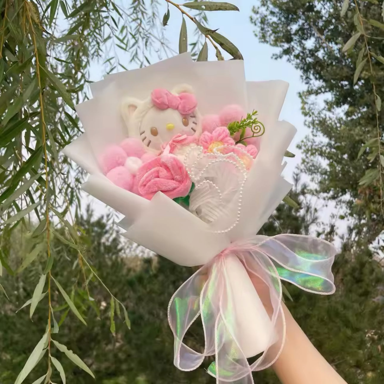HK Pink Rose White Vail Flower Bouquet